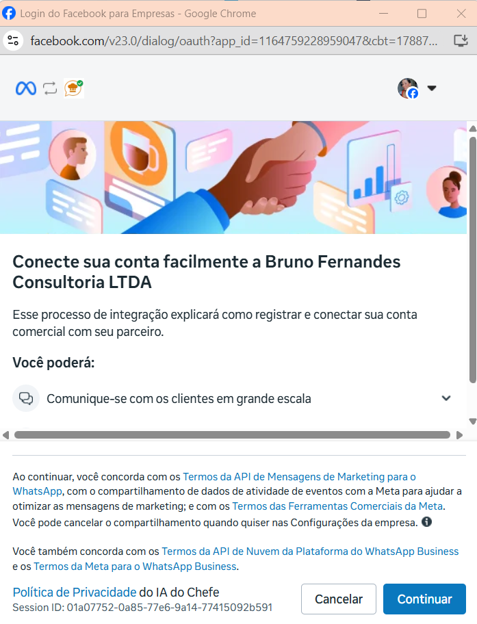 Tela de autorização inicial do Facebook para Empresas