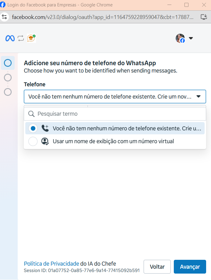 Tela para adicionar o número de telefone do WhatsApp
