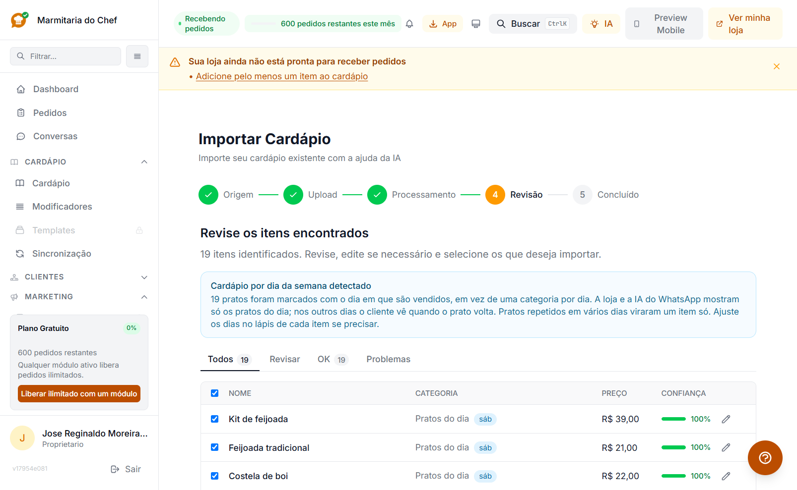 Tela de revisão da importação, com a lista de itens extraídos, categoria, preço e barra de confiança