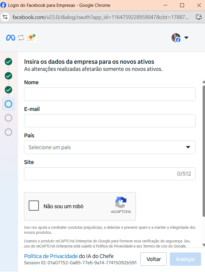 Tela de dados da empresa, incluindo o campo Site