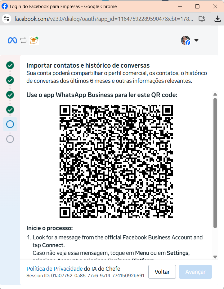 Tela com QR code para ler pelo WhatsApp Business App