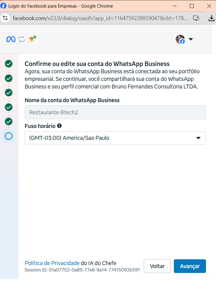 Tela de confirmação da conta e fuso horário