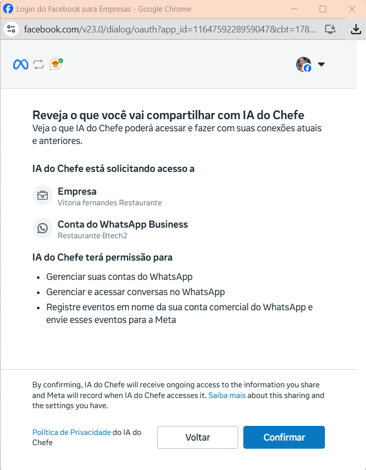 Tela de revisão de permissões compartilhadas