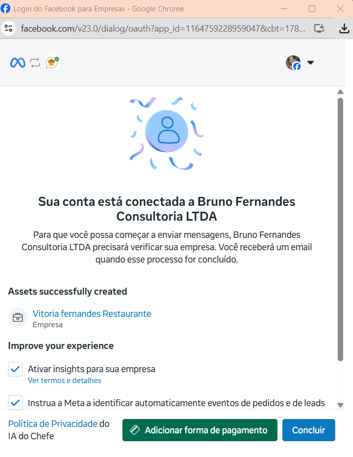 Tela final de conclusão do cadastro