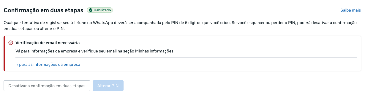 Tela de 2FA com botão Desativar bloqueado por verificação de e-mail
