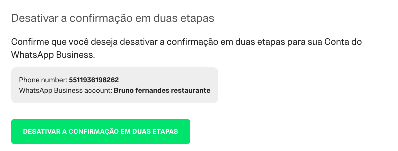 Página de confirmação para desativar o 2FA