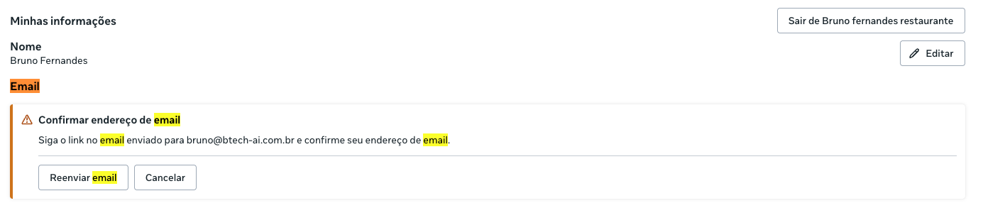 Tela de verificação de e-mail nas informações da empresa